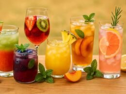 Colorful summer mocktails with garnish
