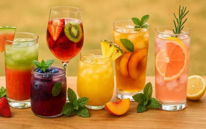 Colorful summer mocktails with garnish